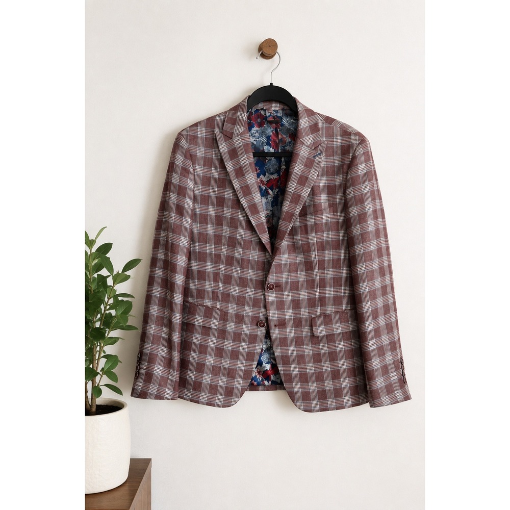 Lief Horsens Red White Plaid Blazer 40S Floral Lining Statement Sport Coat Dandy